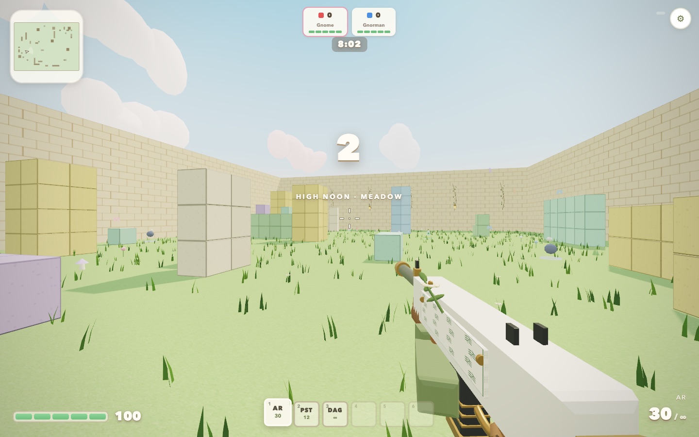 A gnomble match in first person on the Meadow map with the HUD visible