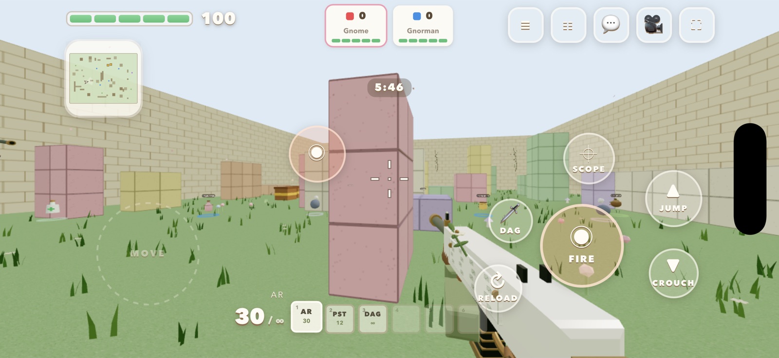 gnomble on an iPhone in landscape, full screen, showing the joystick, fire, scope, jump, crouch, reload and dagger buttons