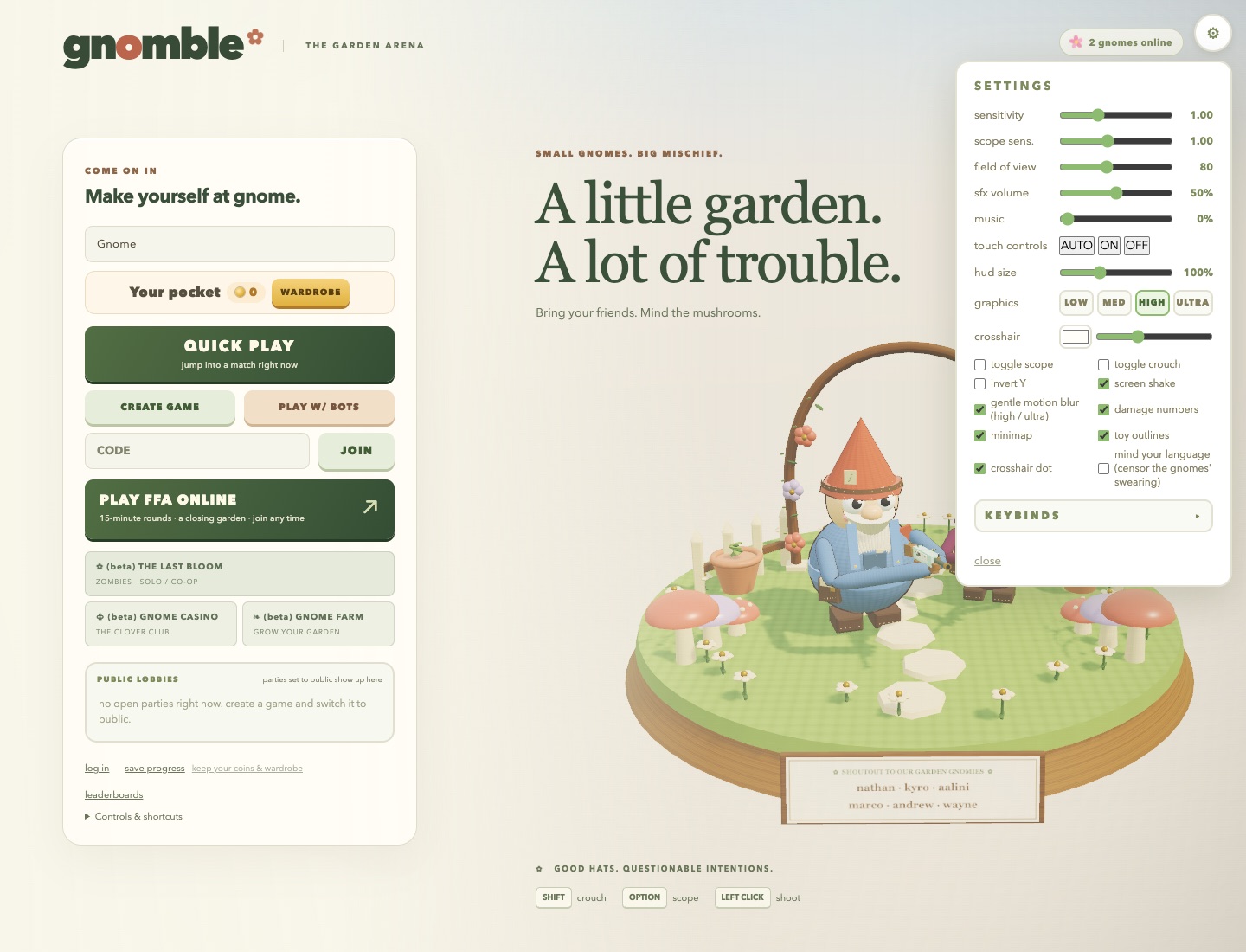 The gnomble settings panel open over the landing page